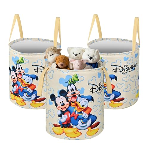Image of Urbane Home Pack of 3 Foldable 45L Toys Organizer for Kids Room - Soft Toys Storage Bag /Basket /Container with Handles | Disney Print - Cream