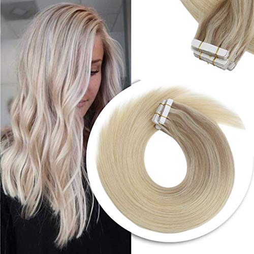 Sunny 14inch Tape in Hair Extensions Remy Hair Balayage Nordic Platinum Blonde Highlighted Hair Extensions Human Hair Tape in 20pcs 50g
