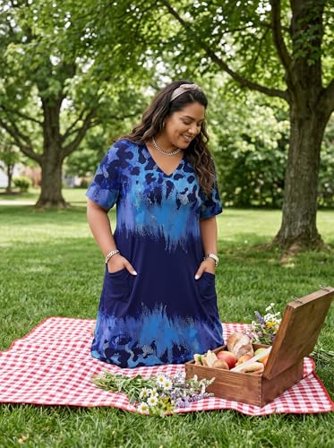Image of Plus Size Maxi Dress for Women Short Sleeve V Neck Casual Loose Sundress with Pockets