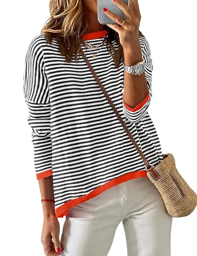 Chicrise Camisola de Malha para Mulher com Listras, Gola Redonda Solta, Sueter Casual com Blocos de Cor, Moda, Camiseta de Manga Longa de Ponto, Preto/branco / vermelho, S