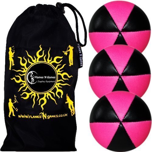 Flames N Games Astrix UV Thud Juggling Balls Set of 3 (Black/Pink) Pro 6 Panel Leather Juggling Ball Set & Travel Bag!