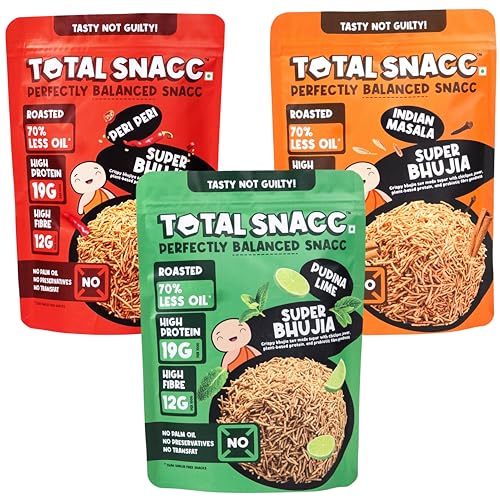 Image of TOTAL SNACC Roasted Bhujia Combo (250g x 3 Packs) | High Protein 19g , High Fibre 12g | 70% Less Oil | No Palm Oil | Indian Masala, Peri Peri & Pudina Lime | Healthy Snacks Combo | Millet Bhujiya | Baked Bhujia Sev | Baked Namkeen | Diabetic Friendly | Low Calorie