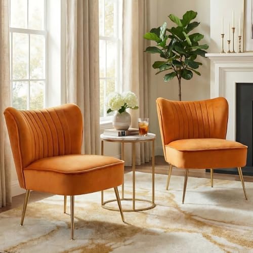 DUOMAY Modern Accent Chair Set of 2 Velvet Slipper Chair with Gold Legs Wingback Side Chair for Living Room Bedroom Entryway Small Corner Chair for Space Saving Orange