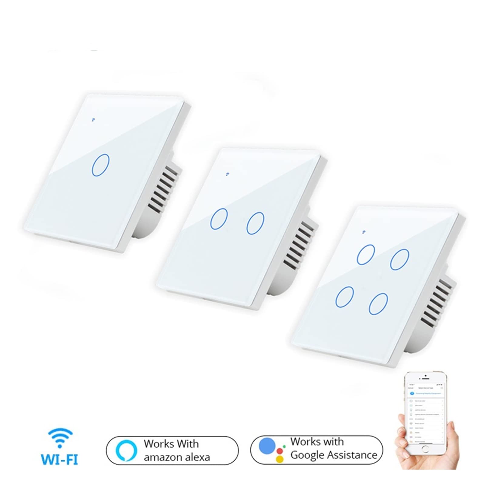 WiFi Smart Touch Switch Control Remoto 1/2/3/4 Gang 2 Way AC 100V / 220V Interruptor de luz de Pared inalámbrico EU/UK Standard Smart Home (Color : White, Size : 3-Gang)