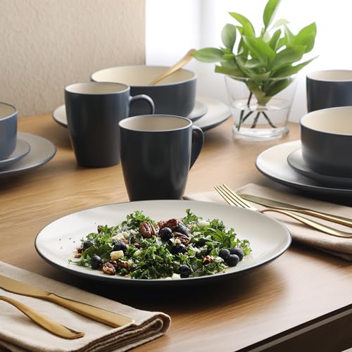 Image of Gibson Elite Oxford Blue Plates and Bowls Sets, 16 Piece Stoneware Dinnerware Sets for 4, Two Tone Dishware Sets, Dinner Plates Dessert Plates Bowls Mugs