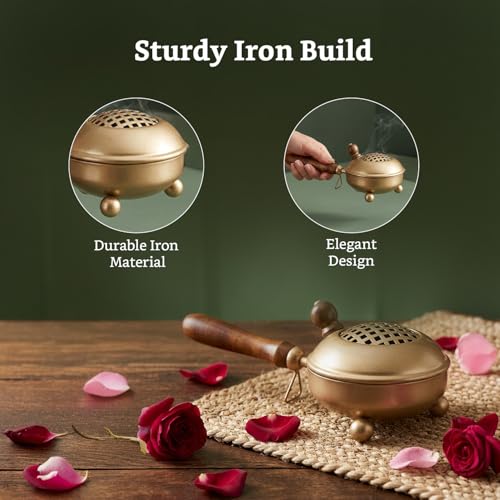 Image of Amazon Brand - Solimo Dhoop Dani with Handle (11.4 cm / 4.4 Inch) | Incense & Loban Burner Dhuni Stand | Durable Iron Body with Golden Finish | Round Design | Safe Grip Handle | Ideal for Home, Office & Temple Pooja