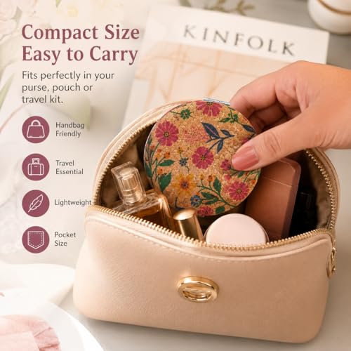 Image of Floral Cork Compact Mirror for Women | Oval Dual-Sided Folding Makeup Mirror | Portable Travel Pocket Mirror with Magnifying Mirror | Lightweight Cosmetic Mirror for Purse & Handbag (Floral)