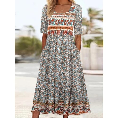 Image of Women's Boho Floral Maxi Dress Casual Boho 2026 Summer Short Sleeve Beach Dresses with Pockets