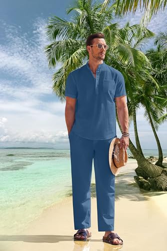COOFANDY Men's 2 Pieces Cotton Linen Set Casual Short Sleeve Henley Shirts Beach Yoga Pants Summer Outfits2