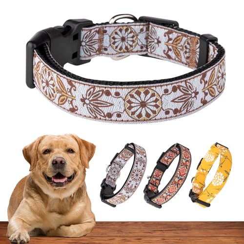 Dog Collars for Small Medium & Large Dogs - Female and Male Patterns on Long Lasting, Adjustable, Strong and Durable Puppy Quick Release Buckle White Woven Collar