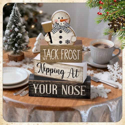 Image of Moucuny 4 Pcs Christmas Table Decor Wooden Snowman Black and White Winter Tiered Tray Decor Rustic Decorative Snowman Block Sign Gifts Christmas Centerpiece Rustic Winter Decorations for Home Kitchen