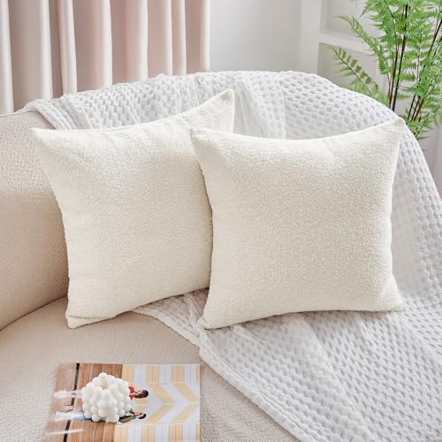 Deconovo Boucle Pillow Covers Set of 2, Textured Throw Pillow Covers for Living Room Sofa, Modern Decorative Couch Pillows, NO Pillow Insert, Ivory White, 18x18 Inch