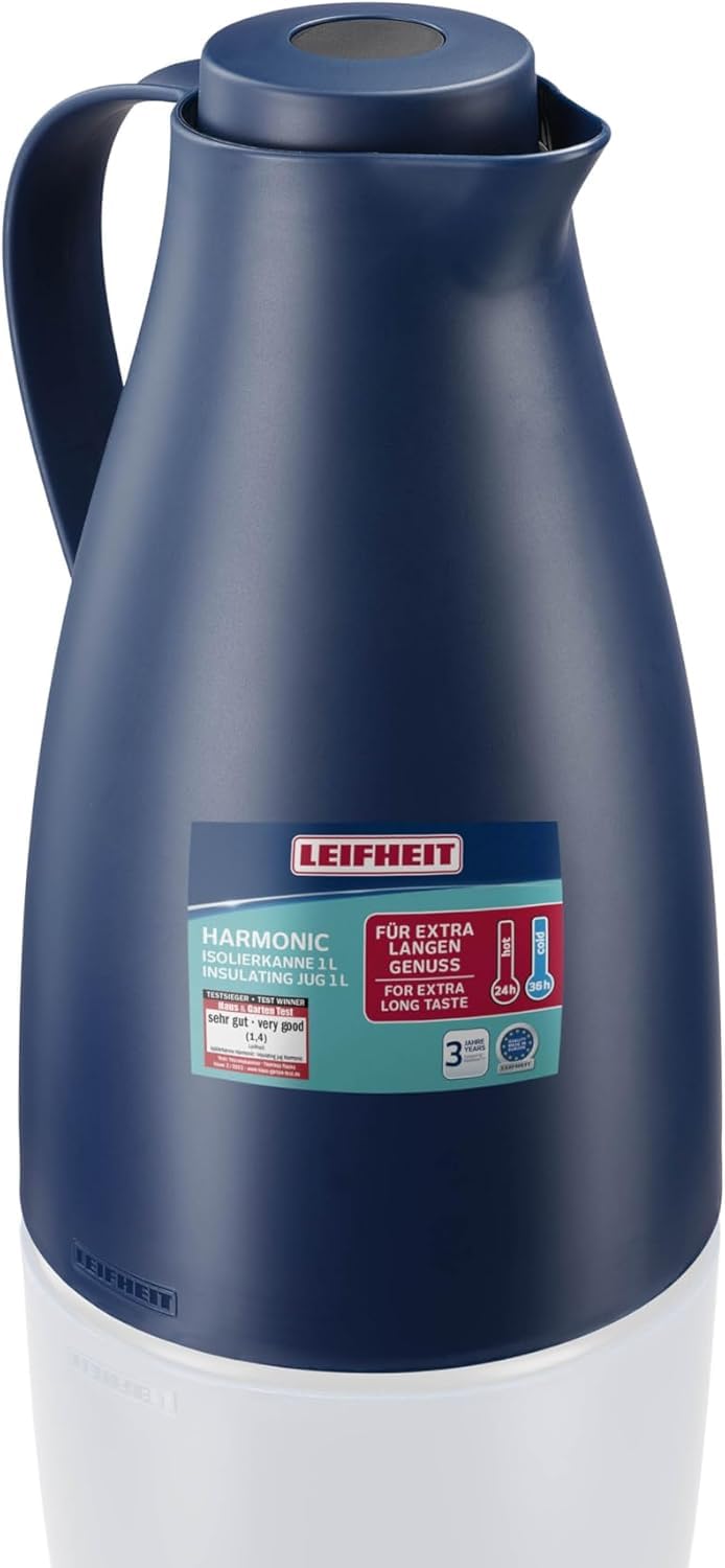 Caraffa thermos Leifheit Harmonic 1L, 100% a prova di perdite, borraccia termica caffè caldo fino a 24 ore, aprire, chiudere, servire con una mano, brocca per caffè senza BPA, teiera moderna, blu