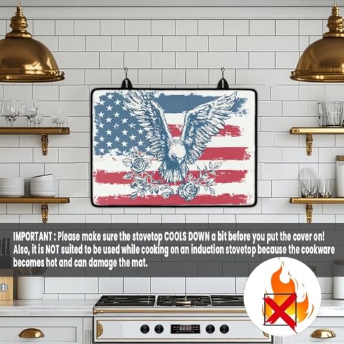 Image of Poceacles Patriotic Stove Top Cover for 4th of July Electric Glass Stove Top Mat Heat Resistant Non-slip Cooktop Protector Counter Top Protector Cover, American Flag Eagle Rose Beige