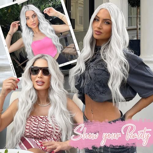 Image of AISI HAIR White Wig for Women, Long Wavy Lace Hairline Middle Part Synthetic Wig for Daily Party-26 Inch