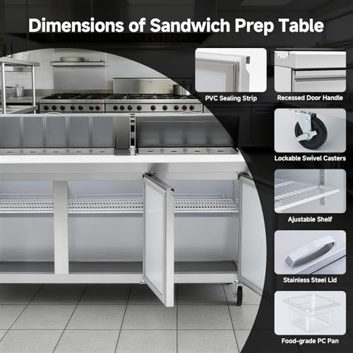 Image of BODEGACOOLER 72 inch W Sandwich Prep Table Refrigerator,16.27 Cu.Ft Commercial Refrigerator Stainless Steel, 3 Door Pizza Prep Table Station with 18 1 /6 Pans for Food Truck,Hotel,Restaurant,Kitchen