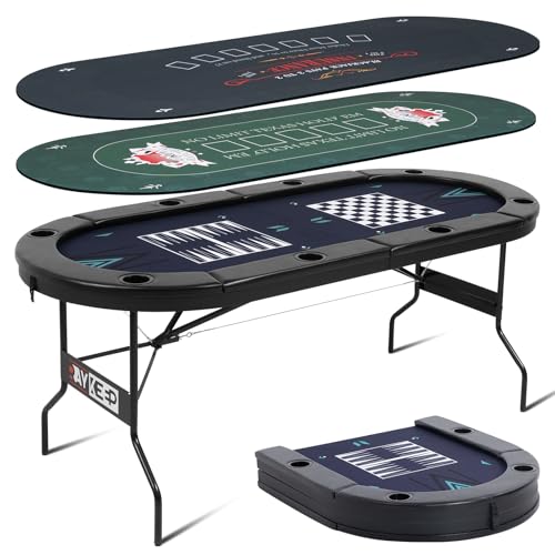 RAYKEEP 4-in-1 Poker Table Foldable, 8 Player Folding Poker Table w/Interchangeable Texas Holdem/Blackjack Game Mat & Built-in Chess/Backgammon Board, Portable Game Table for Home Party（72inch