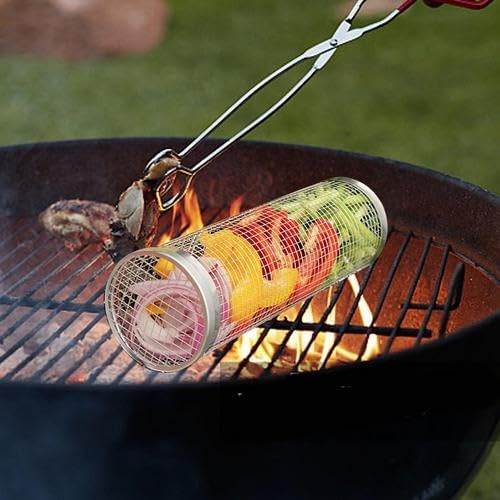 Miniatura 7 de 2 cestas de parrilla rodante, accesorios para barbacoa, cilindro de malla de alambre de acero inoxidable para barbacoa, cesta de verduras para