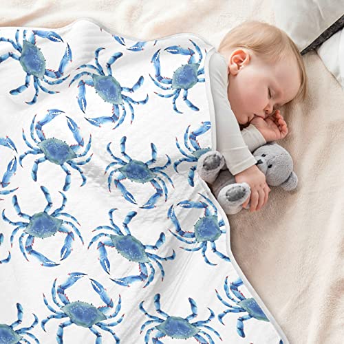 Image of Swaddle Blanket Blue Crabs Cotton for Infants - Receiving, Lightweight Soft Swaddling for Crib, Stroller, Nursery - Ocean Theme, 30x40 in
