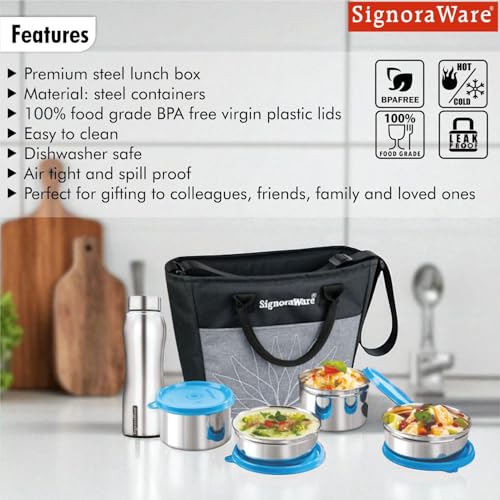 Image of SignoraWare Office Stainless Steel Lunch Box with Bottle | Airtight & Leakproof | Durable | Perfect for Office, School & Outdoor Use (500mlx2 + 380mlx2 + 750ml | Setof5 | TBlue)