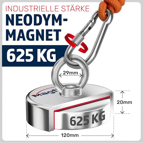 MAGFISHION Magnetfischen Set - 625 KG - Ø120mm - Neodym Magnet mit 2 Seilen, Greifhaken, Handschuhe - Magnet Fischen Angel - Ösenmagnet - Fishing Magnetangel - Magnetangeln Set