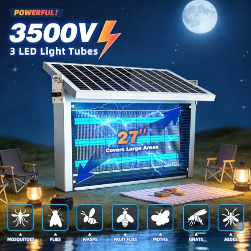 Image of Heavy-Duty Large Solar Bug Zapper Outdoor for 1 /2 Acre with 40W Solar Panel | Aluminum Rechargeable Solar Zapper with High Powered, Waterproof Solar Bug Zapper for Patio Garden Backyard Farm Large Places