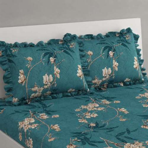 Image of Vram Premium Heavy Cotton Flat Bedsheets with 2 King Size Frill Pillow Covers | Double Bed 350 TC | 90 x 100 Inch King Size Flat | :- Green Flower