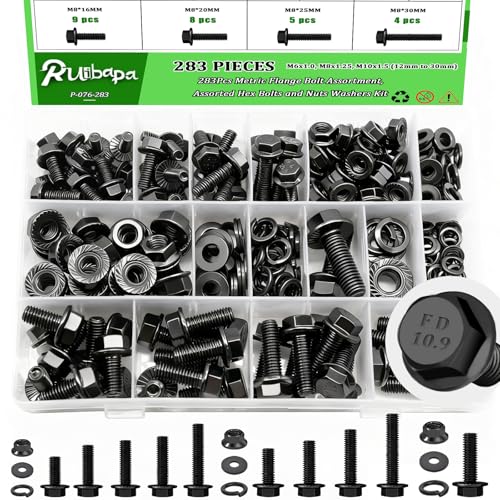 Image of 283Pcs Metric Flange Bolt Assortment,M6x1.0,M8x1.25, M10x1.5 (12mm to 30mm) Bolts and Nuts Assortment,10.9 Black Zinc Galvanized,Bolt Kit