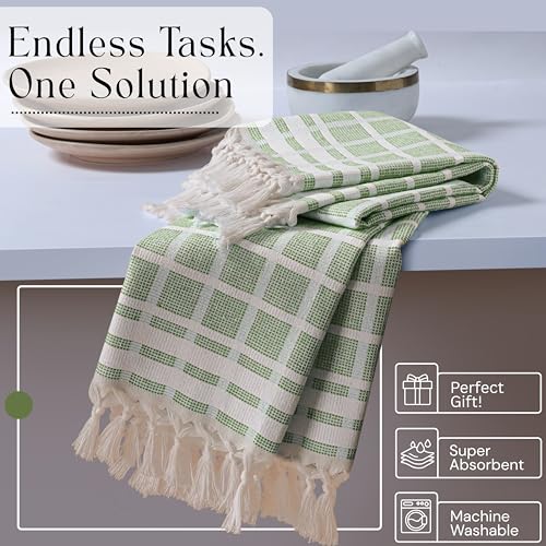 Image of Matrix Dobby Kitchen Towels 4 Pack 100% Cotton, 16x26 Inches, Fast Drying, Absorbent Dish Towels with Handmade Tassels, Reusable Cleaning Cloths for Daily Use - Mint Green, White