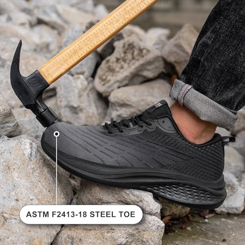 Image of LARNMERN Steel Toe Shoes Men Non Slip Comfortable Lightweight Work Safety Sneakers Cushioning Indestructible Tennis Construction Shoes 51637 (13 Men, Black Gray)