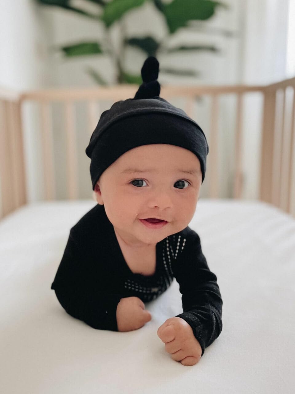 L'ovedbaby Unisex Baby Organic Cotton Knotted Hat, GOTS Certified, Adjustable Top Knot Beanie for Newborns and Infants, Black