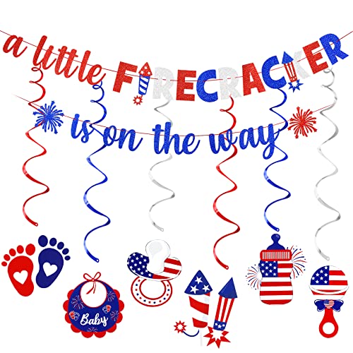 Red White and Blue Glitter A Little Firecracker is On The Way Banner, Little Firecracker Banner Little Firecracker Baby Shower Decorations for 4th of July Baby Shower Banner Decorations