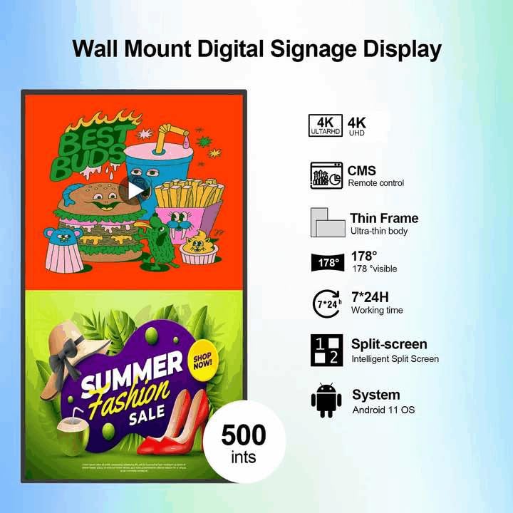 Image of 32 Inch Digital Signage, 2K UHD LCD Display Screen, 500nits High Brightness Wall Mount Digital Signage, CMS /USB /WiFi /Port Player, Smart Split Screen, 24 /7 Operation, Android 11 OS