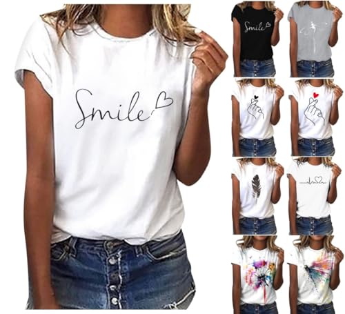 Sommer T-Shirt Damen Basic T Shirt Bedrucken Rundhalsausschnitt Weiß Oberteile Baumwolle Casual Damen Locker Kurzarm Tops Sportshirt Bluse