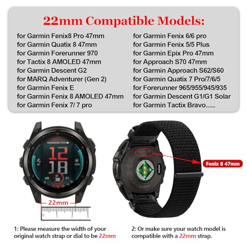 CFXHWZH 22 mm nylonowe paski kompatybilne z Garmin Fenix 8 AMOLED/quatix 8/tactix 8/Approach S70 47 mm, sportowa opaska QuickFit do Fenix 7 pro/7/6 Pro/6/Forerunner 970/965/955/Descent G1/G2, 3 sztuki