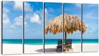 5 Panels Art Wall Decor straw umbrella on eagle beach, aruba exotic stock pictures, royalty Artwork Modern Canvas Prints Office Bedroom Home Decor Framed Painting Ready to Hang (60''Wx32''H)