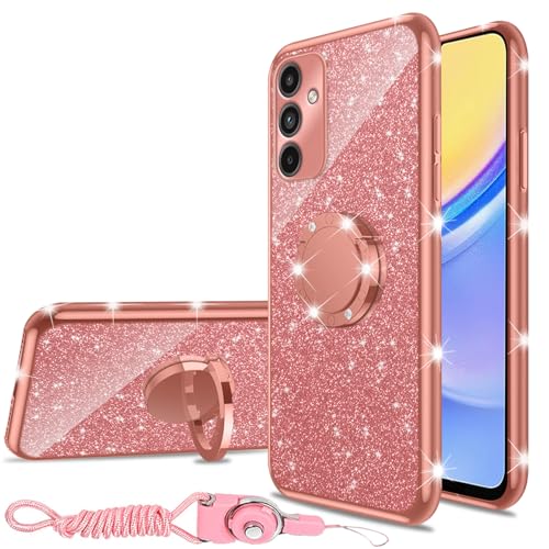 nancheng for Samsung Galaxy A15 5G Case, for Gabb Phone 4 Pro Phone Case Cute Girls Women Glitter Soft Silicone Cover with Ring Stand Strap Lanyard Shockproof Protection Case - Rose Gold