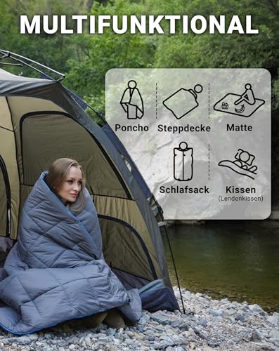 KingCamp Leichte Campingdecke, multifunktionale und warme Steppdecke mit Druckknopf, wasserabweisend, für Rucksack, Reisen, Flugzeug, Wandern, Picknick