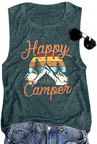 Uniqueone Tank Tops For Women Happy Camper Tank Top Sleeveless Graphic Tee Shirts Loose Fit Vest Tees Green #TOP3