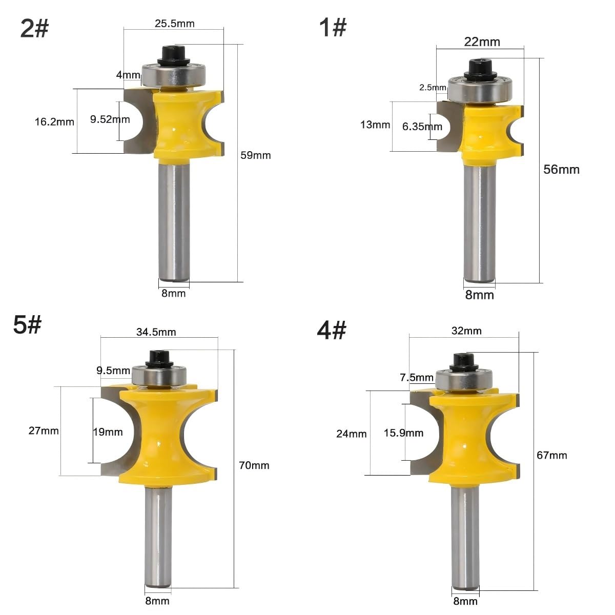 Yellow Carbide Cove Box Router Bits, Easy Installation Door Window Casing Bullnose Wood Router Bits 5pcs