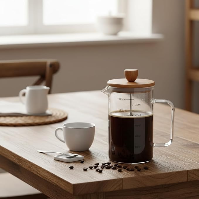 Deconox Akasya Ahşap Kapaklı Borosilikat Cam French Press - Ölçü Çizgili Kahve ve Çay Demliği (350ml ve 600ml Boy Seçenekli) (600ML)