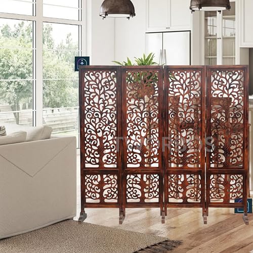 Image of Wooden Room Partition /Screen /Room Divider /Room Separator Traditional Handicrafts 6Ft (Dark Brown) (Tree 4 Panel with Stands)