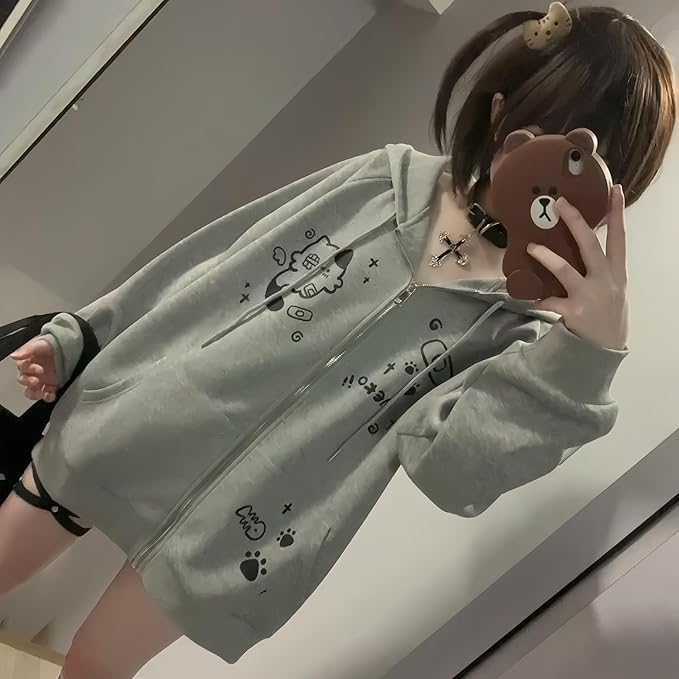 Women's Y2K Zip-Up Hoodie Oversized Streetwear Cat Ear Cute Cartoon Graphic Harajuku Kawaii Sweatshirt - Image 6