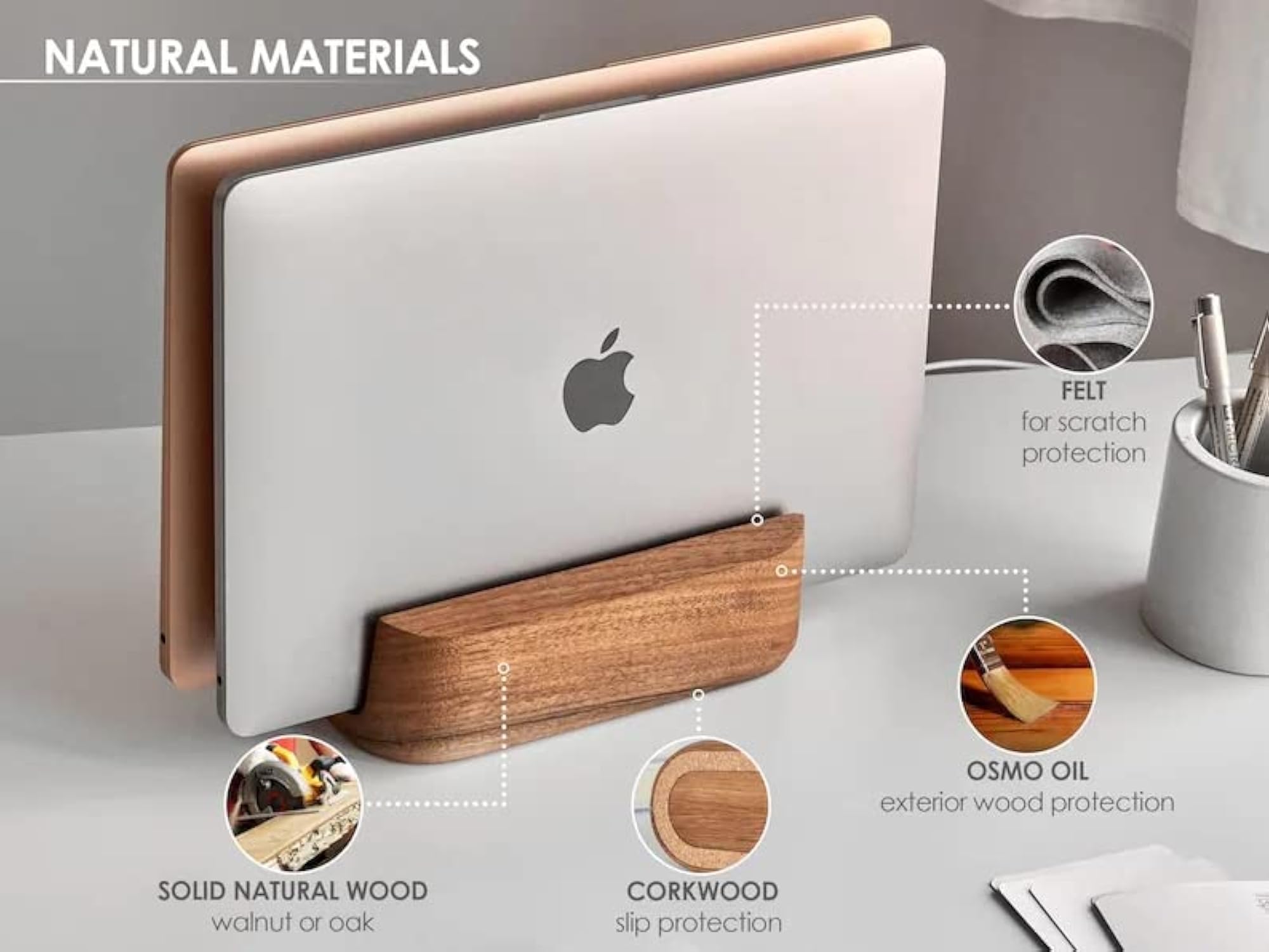 Premium Mango Wood Laptop Stand, Dual Vertical Holder & Organizer
