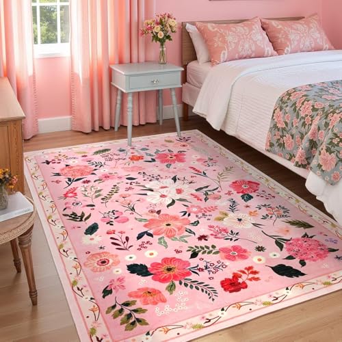 Tapis antidérapant doux 200x250cm lavable et décoratif rose - 3