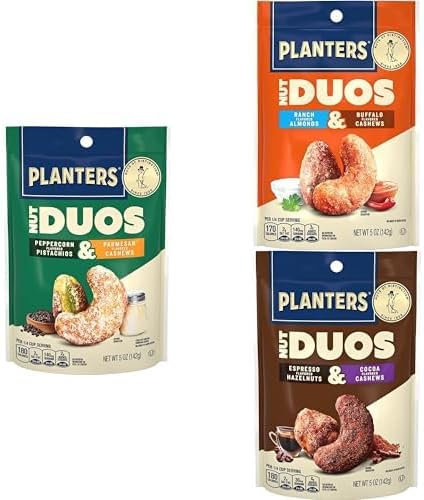 PLANTERS Nut Duos Bundle, Flavored Nuts, Snacks Variety Pack - Peppercorn Pistachios & Parmesan Cashews + Ranch Almonds & Buffalo Cashews + Cocoa and Espresso Hazelnuts