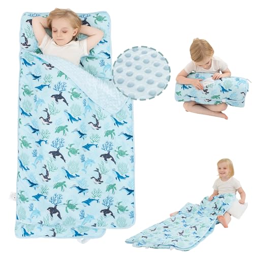 Image of Viviland Toddler Nap Mat, Rolled Sleeping Mats with Pillow and Minky Dot Blanket for Girls Boys, Kids Slumber Bags /Nap Mat for Preschool, Daycare, Kindergarten, Travel Camping - Blue Ocean Whales