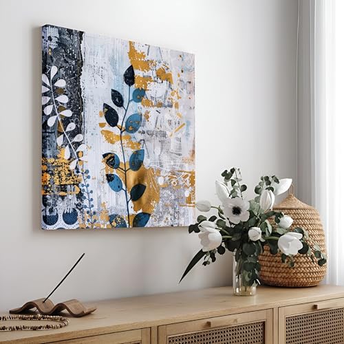 Image of Abstract Botanical Stretched Canvas Wall Art Painting for Living Room | Modern Floral Canvas Artwork Painting | Contemporary Decorative Wall Decor for Home & Office, 22x22 Inch