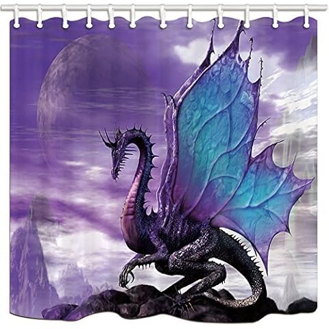 KOTOM Medieval Fantasy Theme Purple Dragon Shower Curtain, Magic Animals Polyester Fabric Bath Curtain, Bathroom Showers Curtain Set with Hooks, 69X70in, Bathroom Accessories Cover