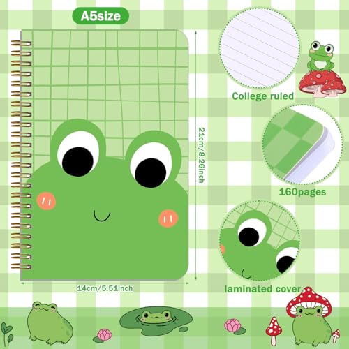 Image of Resurhang 6 Pack A5 Frog Spiral Notebooks Preppy Journal Cute Aesthetic Hardcover Ruled Notebooks with Ballpoint Pens for Office School Day Classroom Prize Supplies, 5.5 x 8.3 Inch